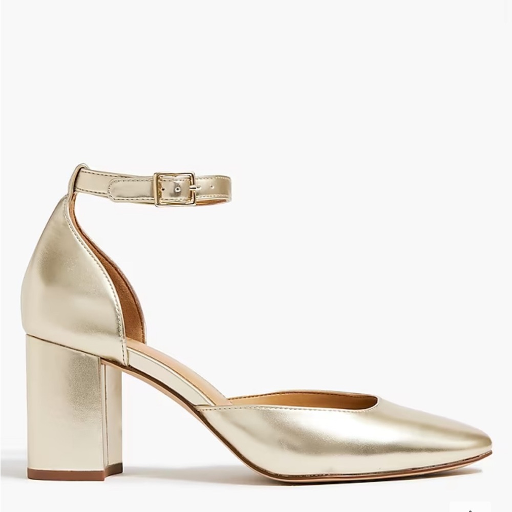 J. Crew Gold Block Heel Pumps with strap! Excellent condition.  Size 9.